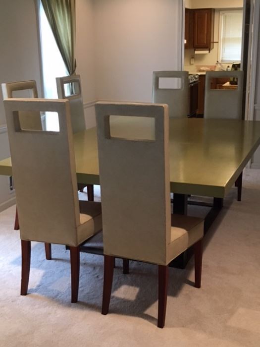 Custom built Dining Table with metal base and 6 faux leather Dining Chairs