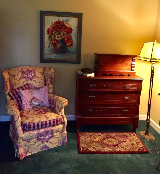 Toile upholstered chair, walnut chest, walnut trunk