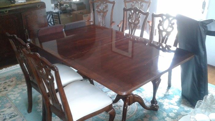 Beautiful Walnut Dining Table with 6 Chairs, 2 Leaves and Cover Pads. Asking Price $1495 (Measures  68" Long (w/o Leaves)/44" Wide/29" Tall