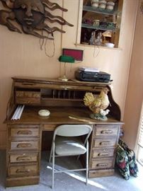 Roll top oak desk...lighted wall sun