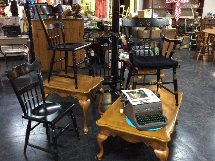 Hitchcock Chairs, Oak Coffee Table w/Matching End Tables, Antique Typewriters