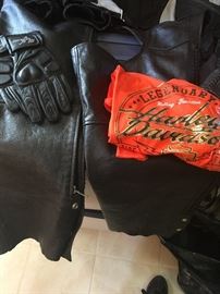 Motorcycle leather gear including helmets, jackets, spades, 