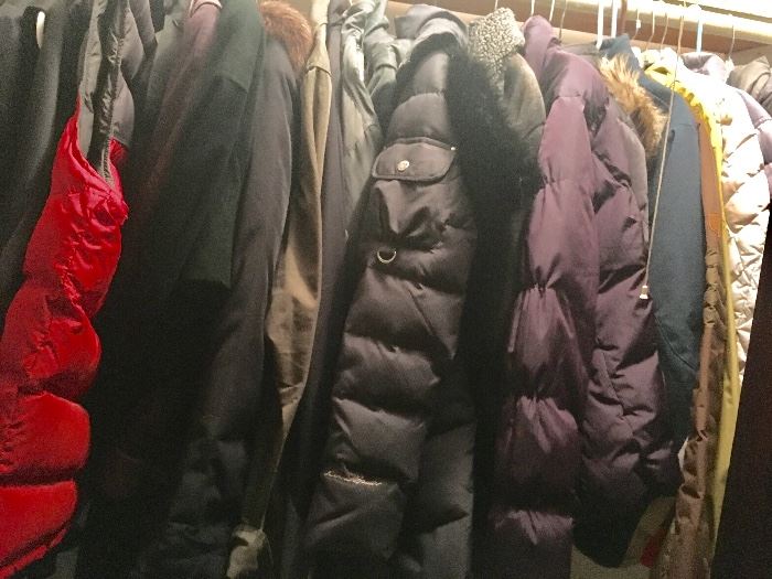 Closet filled with Eddie Bauer coats!!!!! Thin quilted goose down filled men & womens coats & vests..