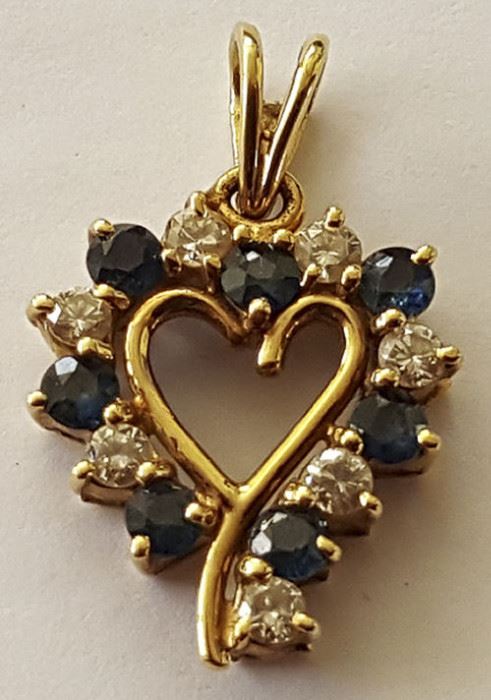 WDG008  14K Gold Heart Pendant w/ Diamonds & Sapphires
