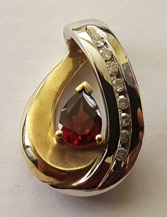 WDG010 10k Pear Cut Ruby, Diamonds & Gold Pendant
