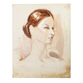 Oil on Canvas of a Woman's Profile: A study of a woman’s profile done with oil on canvas. This piece, rendered in layered shades of diluted earth tones, depicts the neck and head of a female figure with her hair pulled back, her lips slightly pursed. This loosely-rendered piece is presented, unsigned, without a frame or hanging hardware.