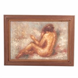Barton Oil Painting on Canvas of a Reclining Nude: An oil painting on canvas of a reclining nude signed Barton. Depicted is a back view of a female figure. The woman has her face hide from viewer and is rendered against a pastel background. This work is signed to the lower right corner. Work is presented without glass in a wood frame.