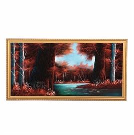 R. Delgado Oil on Velvet Landscape: An oil painting of a forest landscape on velvet, by an artist signing the work “R. Delgado.” This piece features a curving river bordered on both sides by red-leafed trees. The piece is signed toward its lower left and is presented in a molded gold tone frame with hanging hardware to its verso.