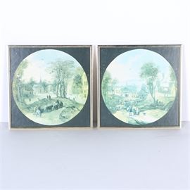 Two Offset Lithographs of Nostalgic Village Scenes: Two Offset Lithographs Depicting Nostalgic Village Scenes. These two prints on paper each have a depictions of quiet pre-industrial village scenes. Each print is presented in an open metal frame without a mat. Hung on the back with a plastic ribbon.