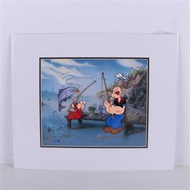 Limited Edition Hand Inked and Painted Popeye Sericel "The Big One": A limited edition hand inked and painted Popeye sericel titled +The Big One_ signed Myron Waldman. Depicted is the character Popeye and Sweet Pea fishing on a dock. Popeye comically catches a small fish while sweet pea catches a large fish. This work is signed to the lower right corner. Numbered 18 out of an edition of 50 Artist’s Proofs. The Official King Features Syndicate seal is present to the lower left. To the verso, is a certificate of authenticity. Work is presented in a a white mat and plastic sleeve.