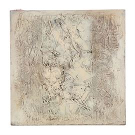 Ronald Ahlström Mixed Media Collage on Board "Untitled": A mixed media collage on board titled Untitled by listed American artist Ronald Ahlström (1922-2012). Depicted are various materials layered over one another and painted gray to create depth and accentuate detail. Artist’s signature present to lower right corner in ink next to a stamp that reads “RGA.” Informative label to the verso. Presented unframed on board.