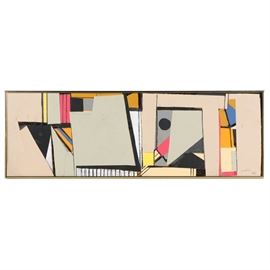 Ronald Ahlström Abstract Mixed Media Collage on Board: An abstract mixed media collage on board by listed American artist Ronald Ahlström (1922-2012). Depicted are graphic shapes and lines creating an abstract motif. Artist’s signature present to lower right corner in ink next to a stamp that reads “RGA.” Presented without glass in a gold colored metal frame with wire hanger to verso.