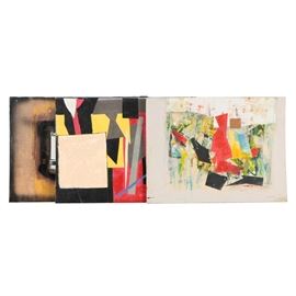 Collection of Ronald Ahlström Mix Media Collage on Board: A collection of three mixed media collage on canvas board by Chicago based artist Ronald Ahlström (1922 – 2012) . Each work uses a mixture of paper collage, paint, and marker in order to create abstract compositions. While some of the items are not signed, they comes directly from the artist’s estate. Please note that these items do not come with a certificate of authentication or provenance. Some works in this collection do have a gallery label written in marker to the verso. The works are presented unmounted and without a frame.