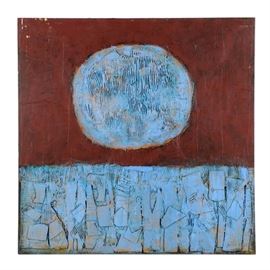 Ronald Ahlström Mix Media Collage on Board "Untitled": A mixed media collage on board Untitled by Chicago based artist Ronald Ahlström (1922 – 2012) . The work depicts an abstracted composition with textured areas of cardboard and paper with contrasting blue and red acrylic paint. Signed in marker and titled to the verso. Presented unmounted and without a frame.