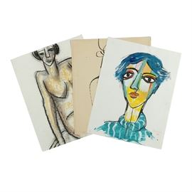 Assortment of Ronald Ahlström Abstract Figural Compositions on Paper: An assortment of abstract figural compositions on paper by listed American artist Ronald Ahlström (1922-2012). Included is an acrylic bust portrait of a woman portrayed with exaggerated features, thick black delineations, and non-mimetic colors. Also included is an ink drawing of a nude female figures portrayed with simple sinuous delineations. The third work features a charcoal and pastel drawing of a seated nude female figure portrayed with thick black delineations and yellow and brown contours. All works are signed in graphite and include the artist’s monogram stamp. None of the compositions are matted and all remain unframed.