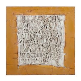 Ronald Ahlström Mix Media Collage on Canvas with Various Materials: A mixed media collage on canvas by Chicago based artist Ronald Ahlström (1922 – 2012) . The work depicts an abstracted composition with various found materials such as wood, fabric, rope, and acrylic paint. Geometric in design the work uses texture to create the composition. To the verso, the work is signed in marker. Presented with a wooden frame attached to the canvas.