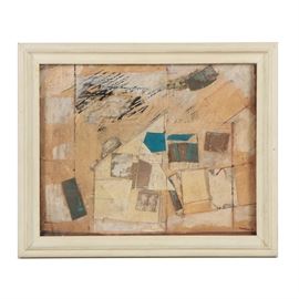 Ronald Ahlström Abstract Mixed Media Collage on Board: An abstract mixed media collage on board by listed American artist Ronald Ahlström (1922-2012). This work features geometric forms overlapping one another with scratches to the surface. Artist’s signature present to lower right corner in ink next to a stamp that reads “RGA.” Presented under glass in white wooden frame with wire hanger to verso.