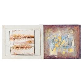 Ronald Ahlström Assorted Mixed Media Collages on Canvas Board "Untitled": An assortment of two mixed media collages on canvas board titled Untitled by listed artist Ronald Ahlström (American, 1922 – 2012). Each piece is comprised of impasto acrylic paints, fabric, and various found materials. All are signed and titled to the versos by the artist in black ink. One work is signed and marked with the artist’s stamp to the lower right corner. Each are presented as loose works without frames or matting.