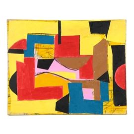Ronald Ahlström Abstract Mixed Media Collage on Canvas "Untitled": An abstract mixed media collage on canvas titled Untitled by listed American artist Ronald Ahlström (1922-2012). This work depicts a geometric composition rendered with layered paper and acrylic in primary colors. It is signed to the bottom right corner and to the verso. Additional artist inscriptions to the verso. This work is presented unframed.