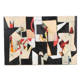 Ronald Ahlström Mixed Media on Canvas "Untitled": A mixed media collage on canvas titled Untitled by listed American artist Ronald Ahlström (1922-2012). This work features geometric forms overlapping one another with scratches to the surface. Artist’s signature present to lower right corner in ink next to a stamp that reads “RGA.” Informative label to the verso. Presented unframed on stretched canvas.