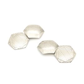 Vintage 14K White Gold Hexagonal Cufflinks: A pair of vintage 14K white gold cufflinks, each featuring two hexagonal shapes. One of the hexagons is smooth while the other features geometric patterns including a lattice pattern at the center with stripes and diamond cut edges.