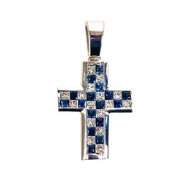 14K White Gold, 1.12 CTW Princess Cut Diamond, and Sapphire Cross Pendant