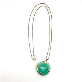 14K Yellow Gold and Jadeite Jade Bi-Disc Pendant with Sterling Silver Chain