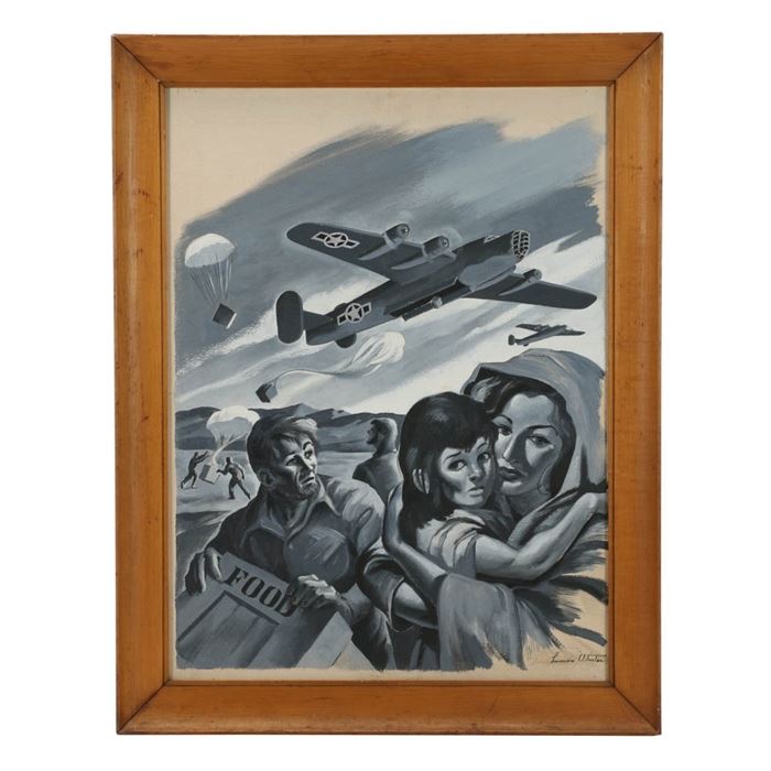 Lumen Winter Oil Painting: An original oil painting by American artist Lumen Winter (1908-1982). This painting depicts an air drop. In the foreground, a mother and child embrace with sorrowful expressions. Immediately behind them, a man holds a box marked food. In the distance men are visible retrieving boxes that are in the process of being dropped from a mid-century era plane above. The work is executed in monochromatic gray. Signed to the lower right. Framed in a natural carved wood frame.