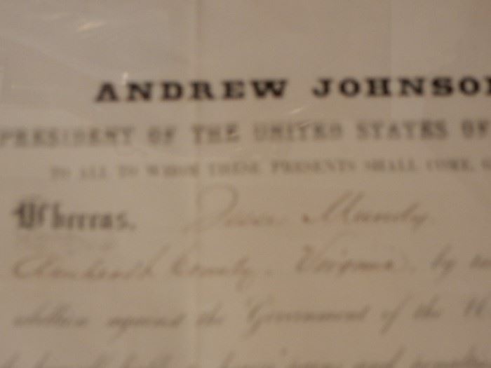 CLOSEUP OF PARDON - BY PRESIDENT ANDREW JOHNSON FOR HAMES MUNDY, RESIDENT OF AMHERST COUNTY