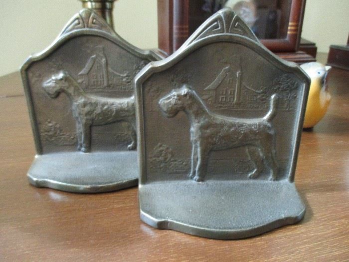 Antique wire haired fox terrier book ends