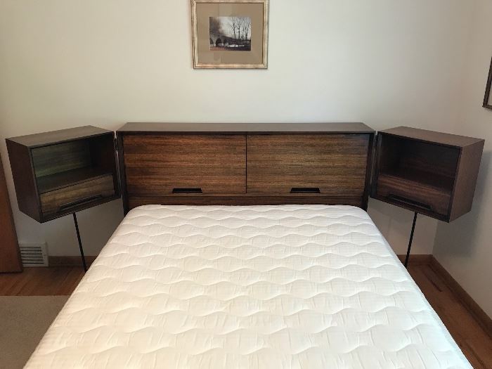 RARE Mid Century Modern Milo Baughman for Drexel Perspective line headboard with attached swinging nightstands