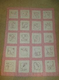 Antique “Mother Goose Quiltie” hand embroidered baby quilt.  Pattern is by Ruby McKim from 1916.  55.5” x 42”