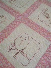 Antique “Mother Goose Quiltie” hand embroidered baby quilt.  Pattern is by Ruby McKim from 1916.  55.5” x 42”