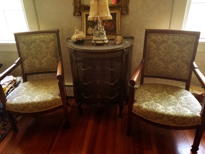 Beautiful carved sidechairs and antique Chest
