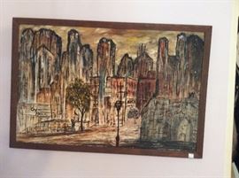 Vintage painting of a city 1950's Mid Century