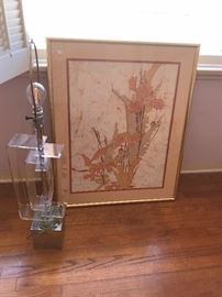 1970's Bohemian batik, lucite and chrome lamp