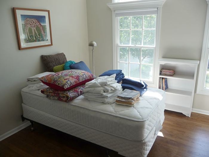 Twin Bed, Linens and Bookcase