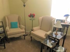 More super fine and clean chenile wing backs, lacquered oriental nesting tables, marble top commode, pink glass lamp