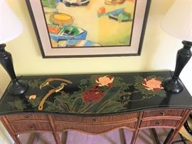 hand painted and lacquered top of bamboo and rattan console/entry/buffet. peonies, bird motif, great color and pop