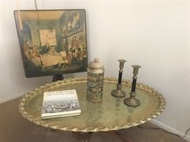 low, brass table mid century , large pottery urn Italy