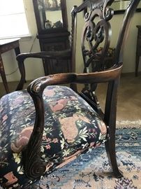 Pair Great Hall chairs. Antique, heavy mahogany pair has ornate carving, claw feet and animal motif tapestry, gorgeous!
