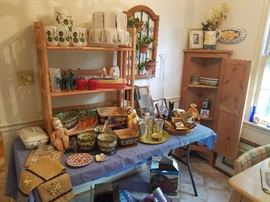 Cool Deco Light Shade, corner cabinet, steiff dog, aluminum tumblers on tray with coasters