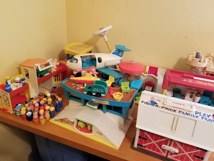 Vintage 60's-70s Fisher-Price toys. Most partial only, well loved. Village set (do have both halves), Airport, Play Family Farm, Hospital.