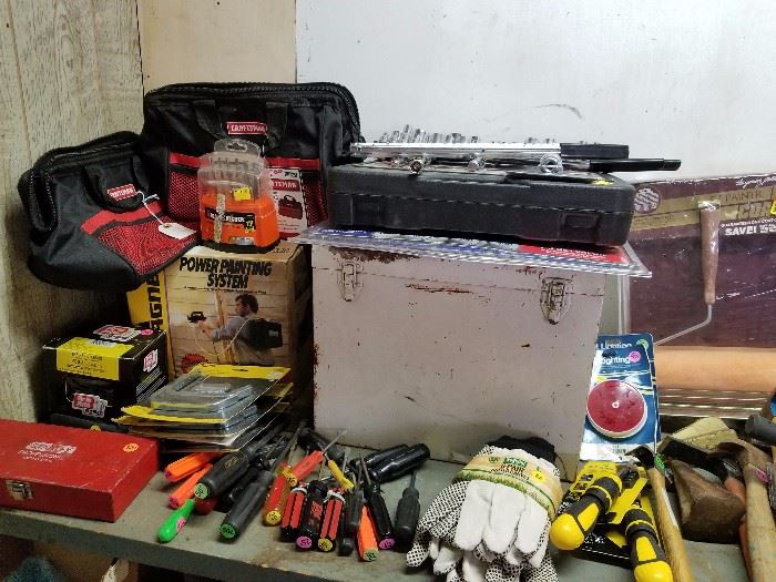 Miscellaneous small tools. Drill bit set, Wagner Power Painter, work gloves, screwdrivers, nails, sockets, tool bags, more.