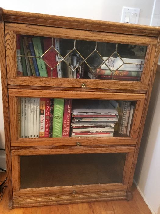 Oak barrister/ lawyers bookcase with stained glass 