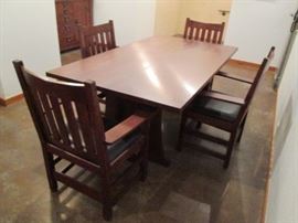 Mission Collection
Keyhole Trestle Table
A one and a half inch thick tongue and groove tabletop along with keyed tenons and a trestle base make this table a Mission classic that is part of the original April 1989 reissued Mission Collection. solid oak.