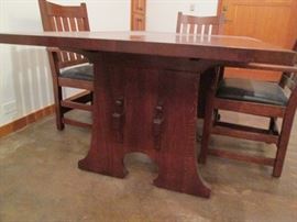 Mission Collection
Keyhole Trestle Table


A one and a half inch thick tongue and groove tabletop along with keyed tenons and a trestle base make this table a Mission classic that is part of the original April 1989 reissued Mission Collection. solid oak.