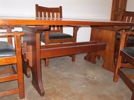 Mission Collection
Keyhole Trestle Table
A one and a half inch thick tongue and groove tabletop along with keyed tenons and a trestle base make this table a Mission classic that is part of the original April 1989 reissued Mission Collection. solid oak.