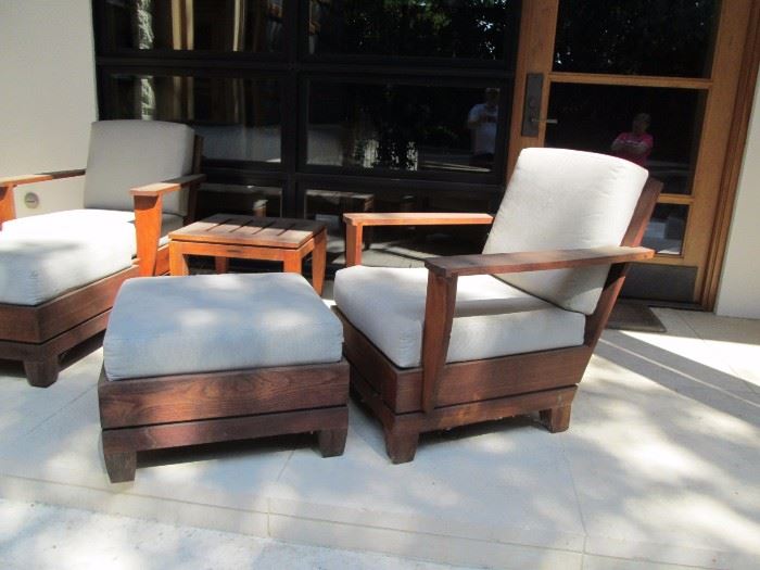 Teak outdoor chairs and ottoman, 2 available