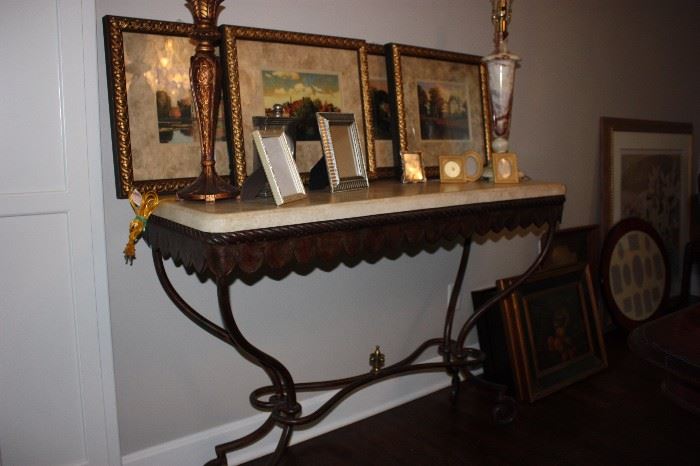 Ethan Allen framed prints, marble topped wrought iron entry table